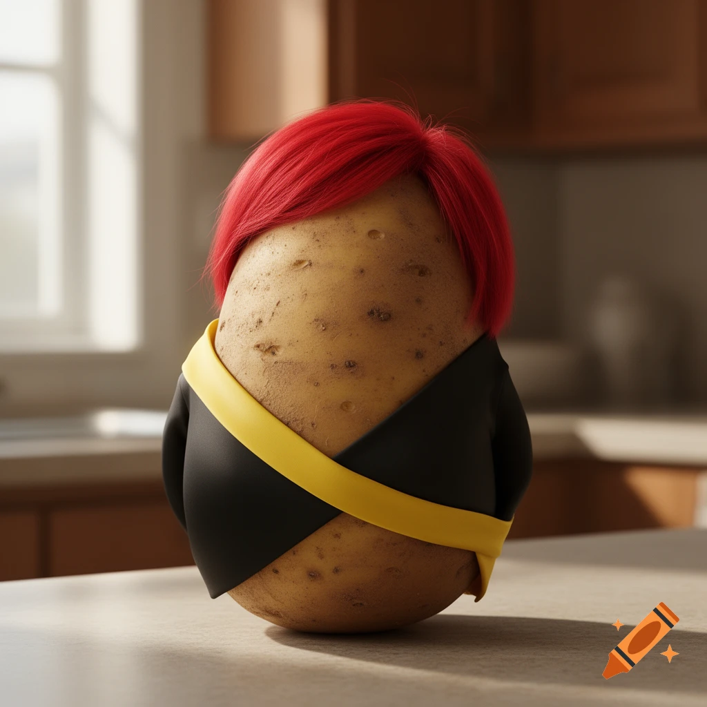 A photorealistic potato with short red hair, wearing a black top with a yellow sash, on a kitchen counter.