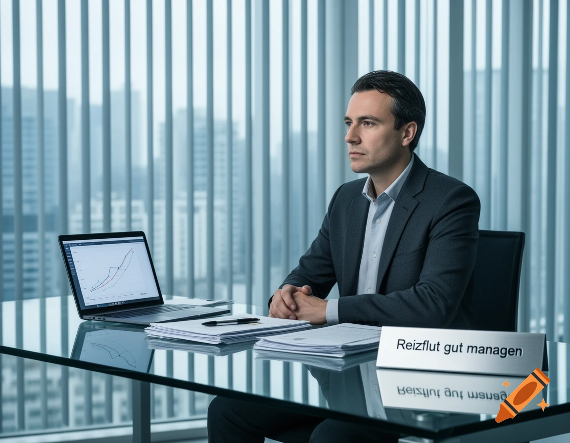 Photorealistic image of a man in a dark suit sitting at a glass desk with a laptop showing a graph and a nameplate, in a modern office.