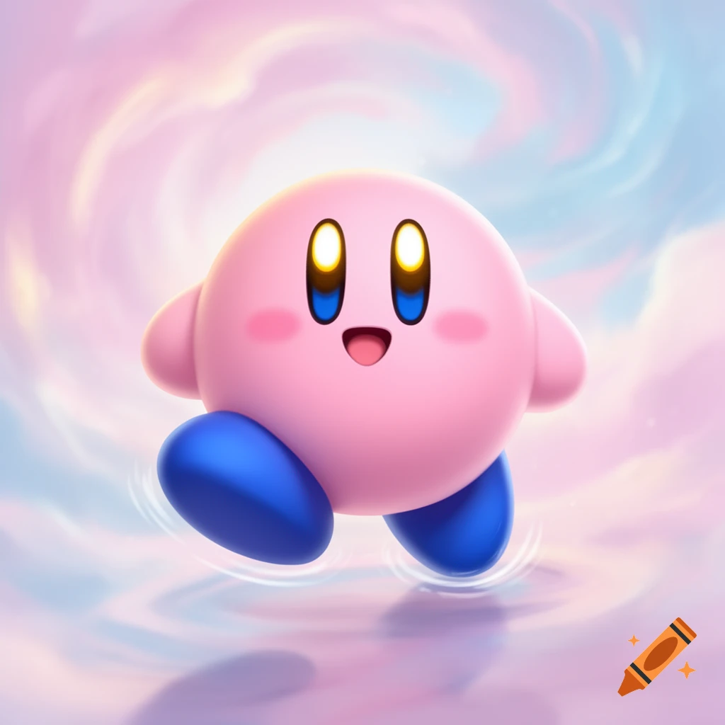 Pink, round Kirby with yellow eyes and blue feet, running on water with a soft pastel sky background.
