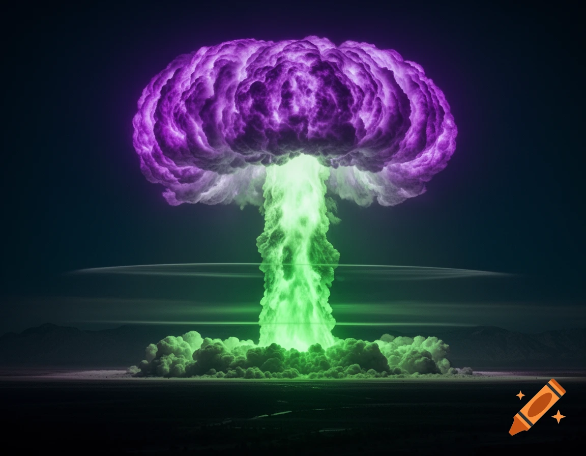 A stylized nuclear mushroom cloud in vibrant purple and green, rising from a desolate landscape.