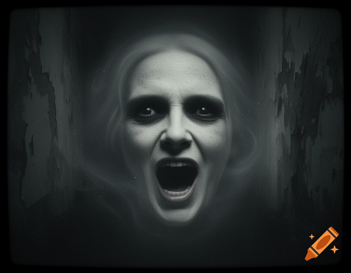 Grainy monochrome close-up of a ghostly woman's face screaming in terror, framed by dark, peeling walls.