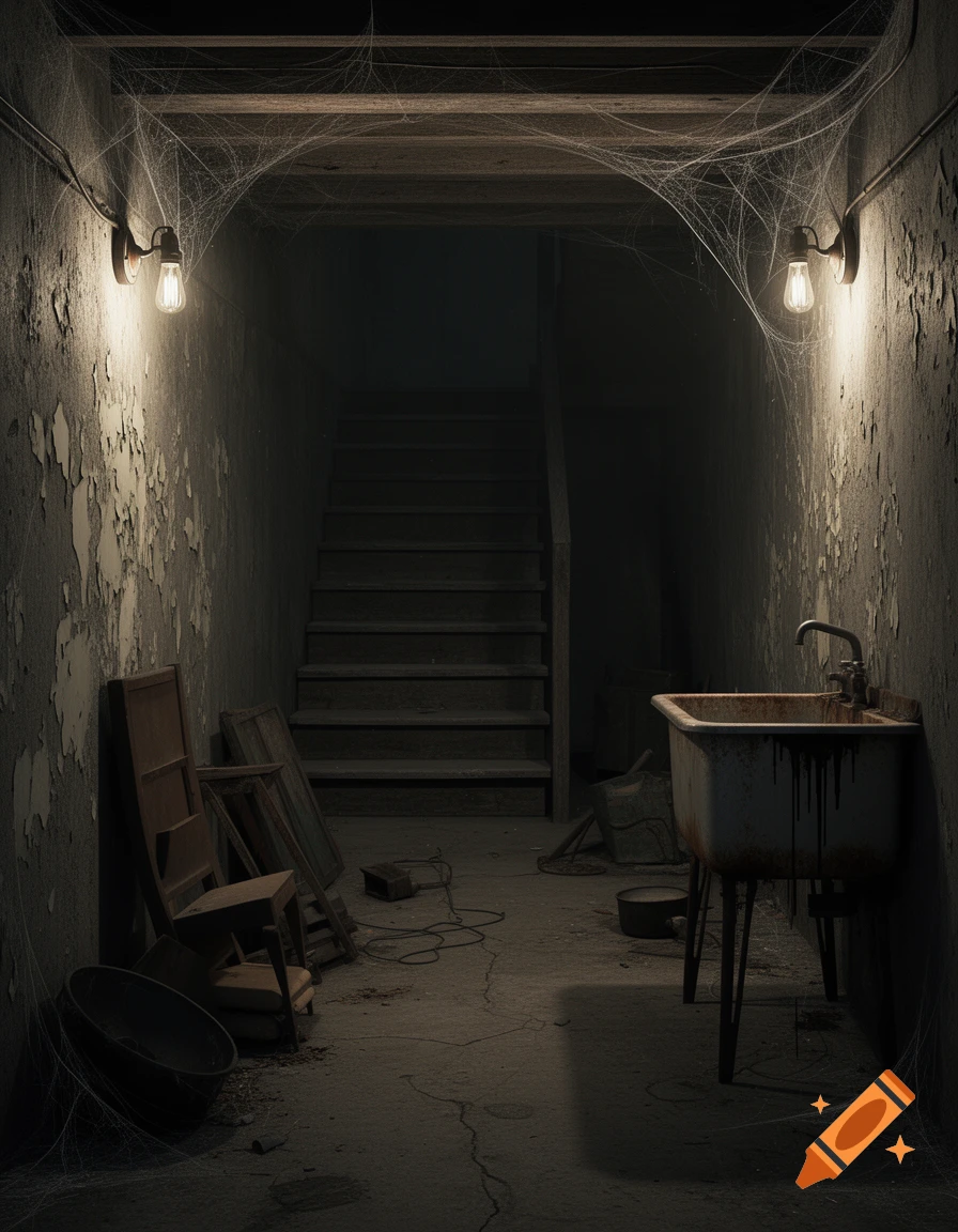 A dark, eerie basement with peeling walls, spiderwebs, bare light bulbs, a rusty sink, and old furniture leading to stairs in the background. Photorealistic style.