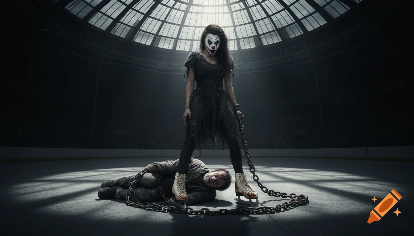 A creepy clown woman in tattered clothes and ice skates stands over a chained man on a dark ice rink, under a glass dome, in a gritty cinematic style.