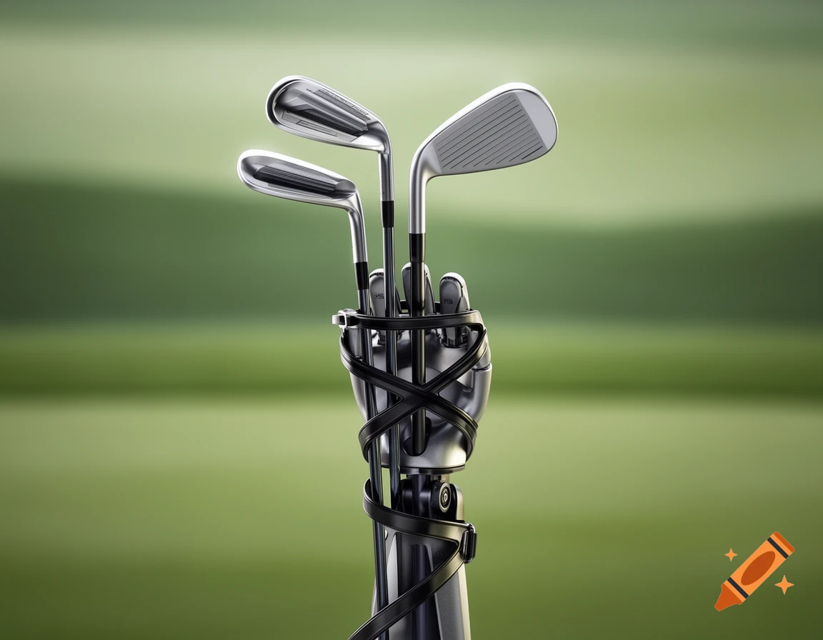 A metallic robotic arm with black straps holds several golf clubs against a blurred green background.