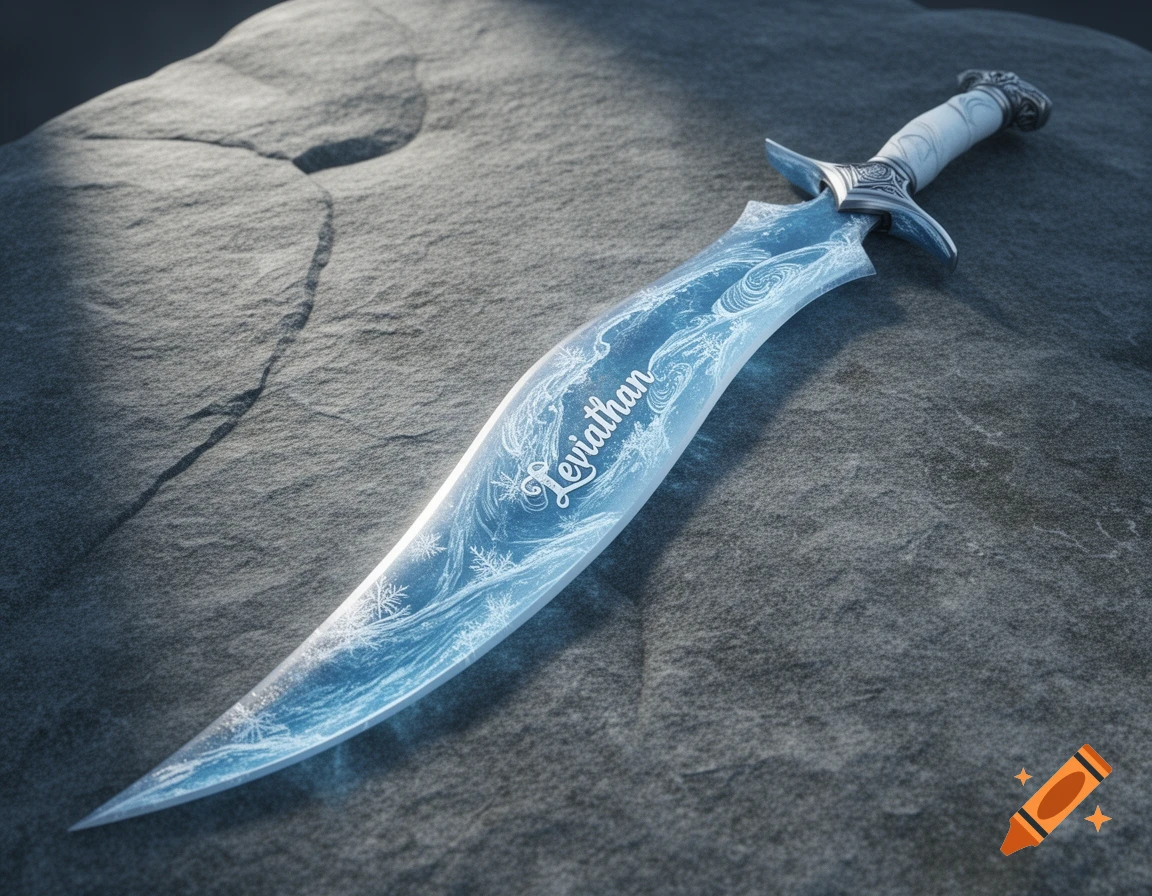 A gleaming ice-blue fantasy scimitar, named "Leviathan," lies on a dark, textured rock surface, adorned with frost and swirling water patterns.