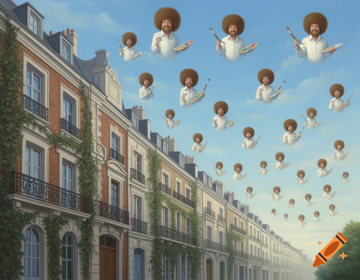 Many Bob Ross figures with paint palettes and brushes float in a blue sky above a street lined with classic brick and stone townhouses.