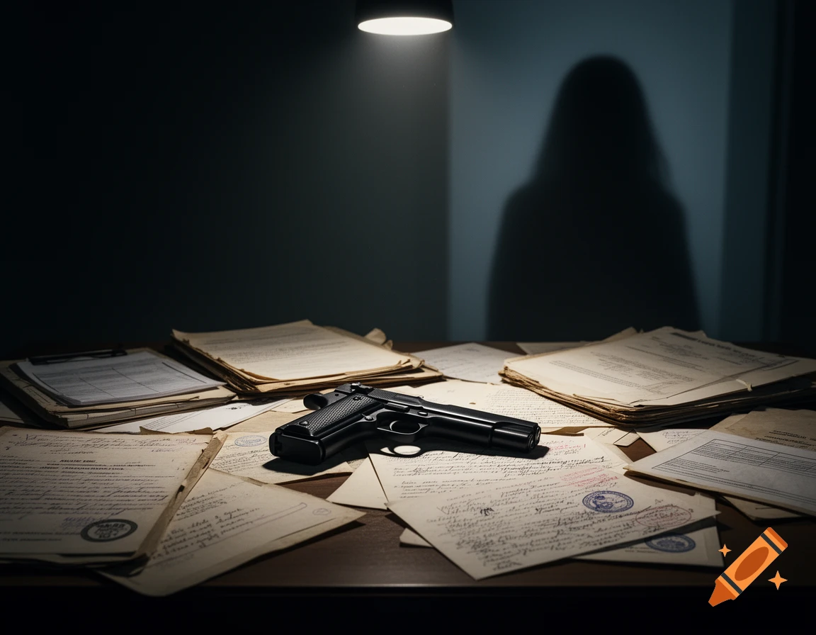 A pistol and scattered documents on a desk, illuminated by a lamp, with a blurred shadowy figure on the wall.