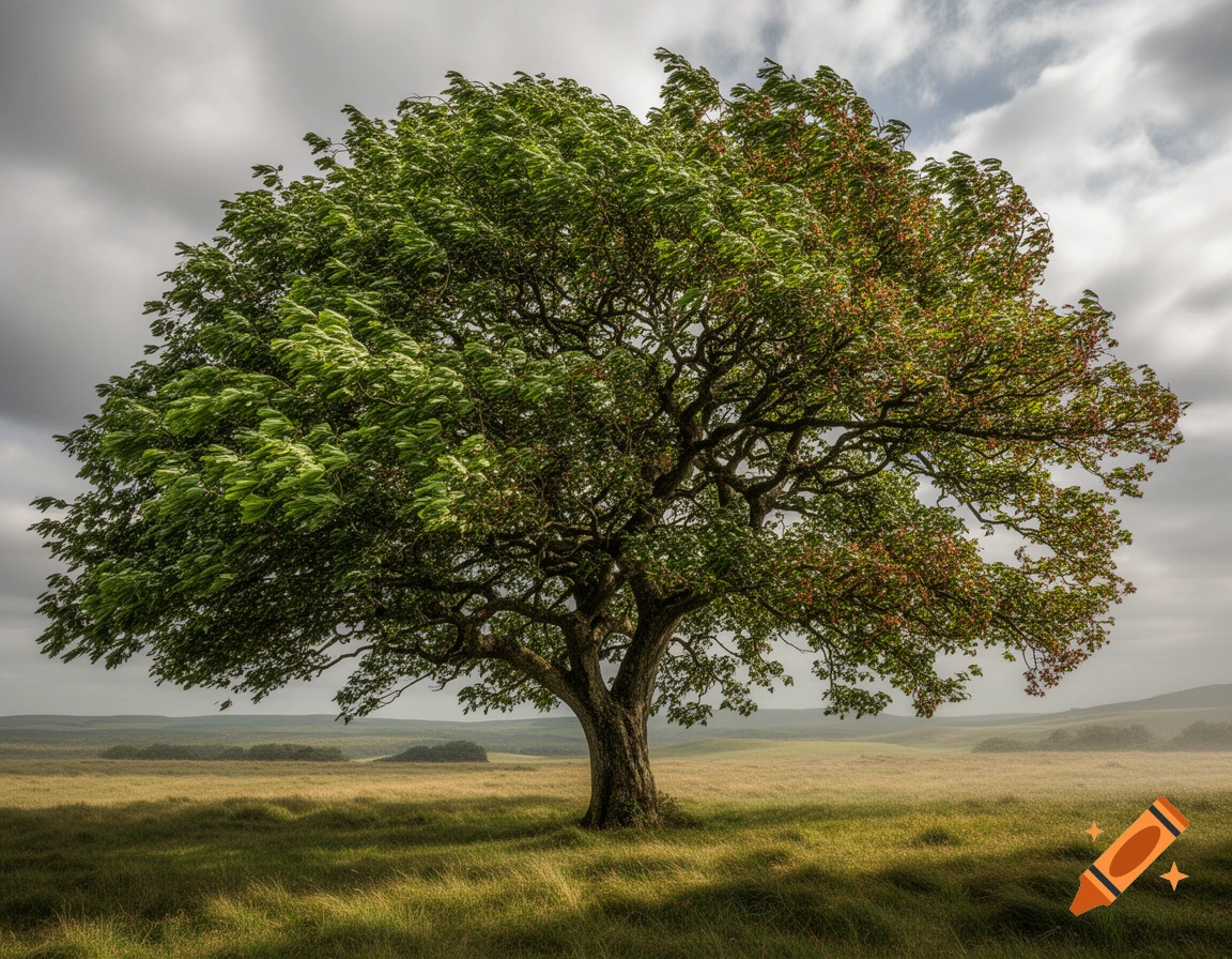 A large, leafy tree with wind-swept leaves stands in a golden grassy field under a cloudy sky.
