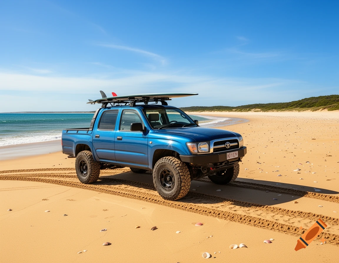 A blue Toyota pickup truck with a surfboard on its roof, parked on a sandy beach next to the ocean under a clear sky.
