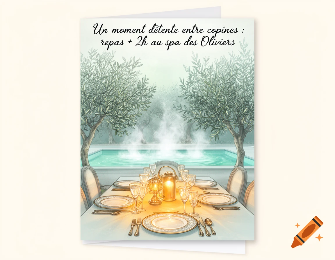 Illustration of a dining table set for two, bathed in warm light, overlooking a steaming spa pool surrounded by olive trees, with French text.