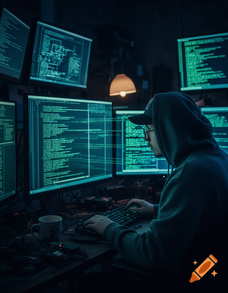 A person in a hoodie and cap types on a keyboard, illuminated by multiple computer screens displaying glowing code in a dark room.