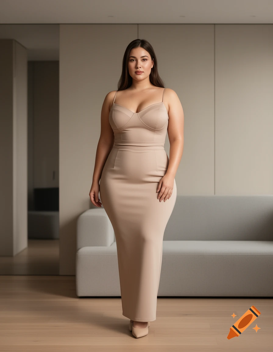 Photorealistic portrait of a woman in a nude-colored, form-fitting, strappy dress, standing in a modern room with a grey sofa.