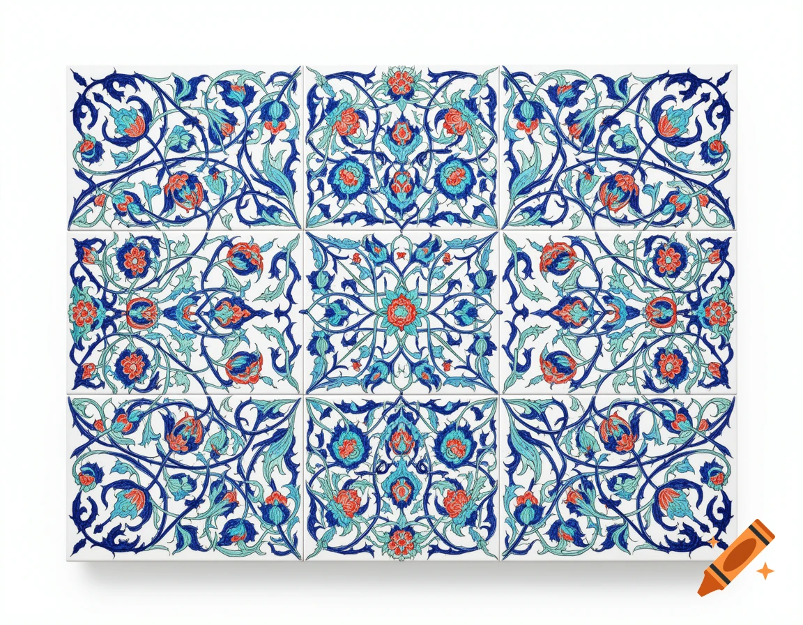 A rectangular grid of nine white ceramic tiles with intricate Turkish Iznik floral patterns in dark blue, light blue, and coral red, set against a white background.