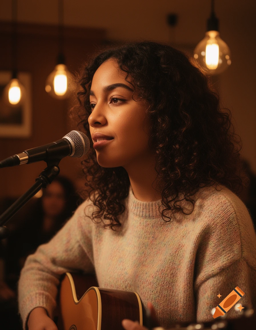 A young woman with curly hair sings into a microphone while playing an acoustic guitar under warm indoor lighting.