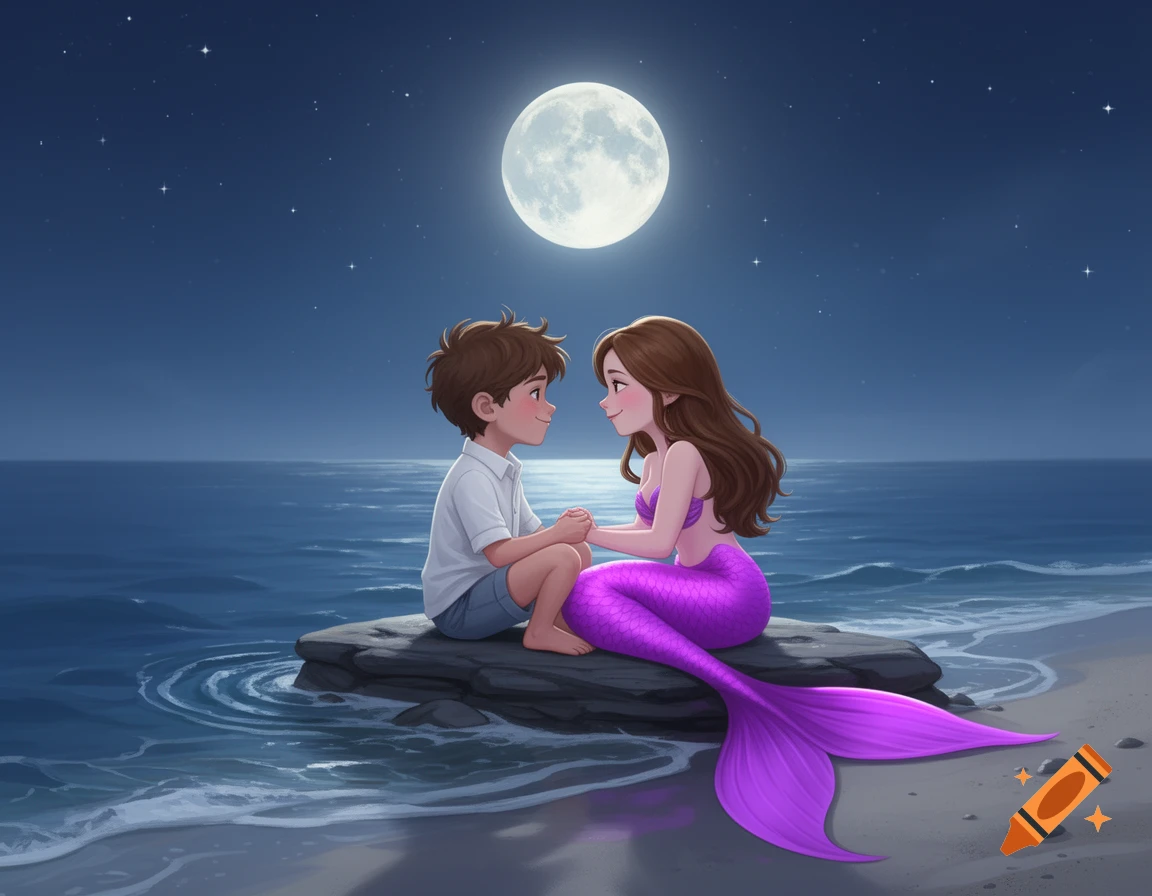 Illustrated young boy and mermaid holding hands on a rock by the ocean at night under a full moon.