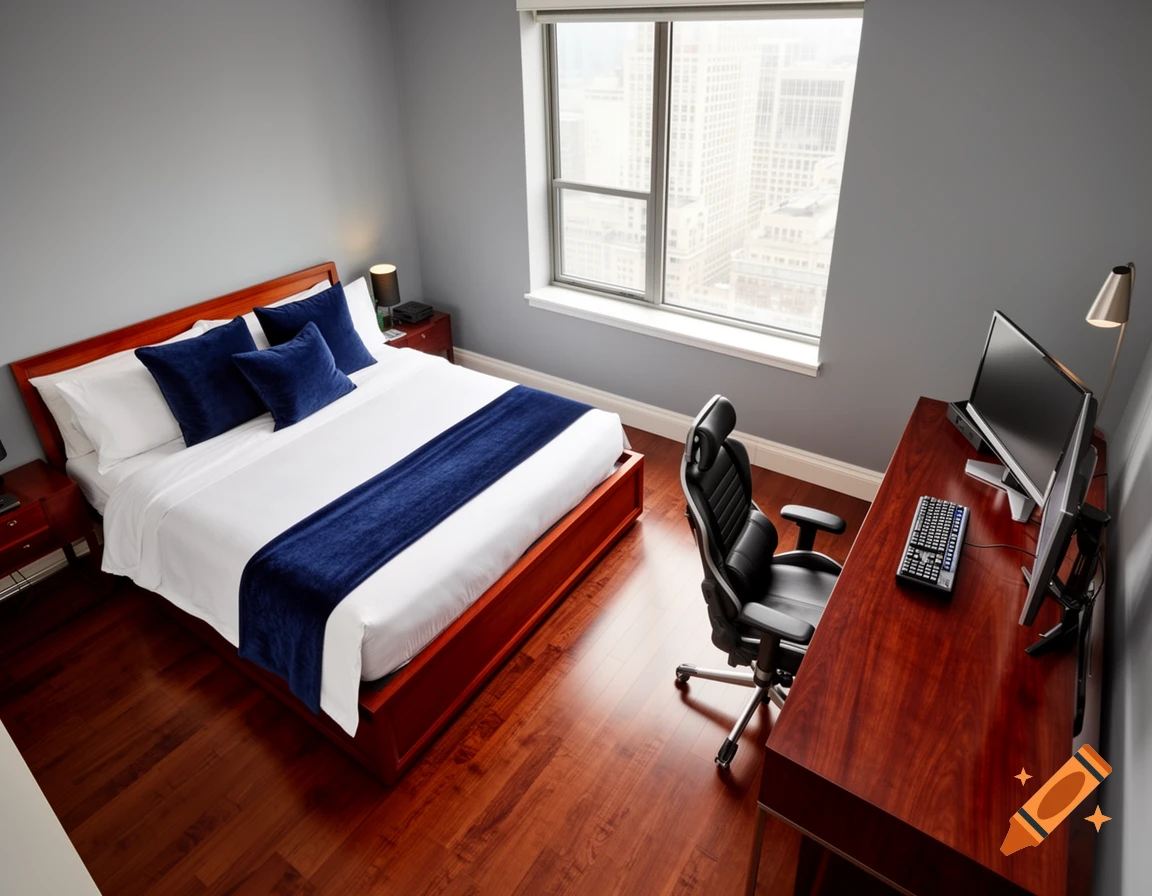 High-angle view of a modern bedroom with a queen bed, blue accents, a wooden computer desk with two monitors, and a city view.