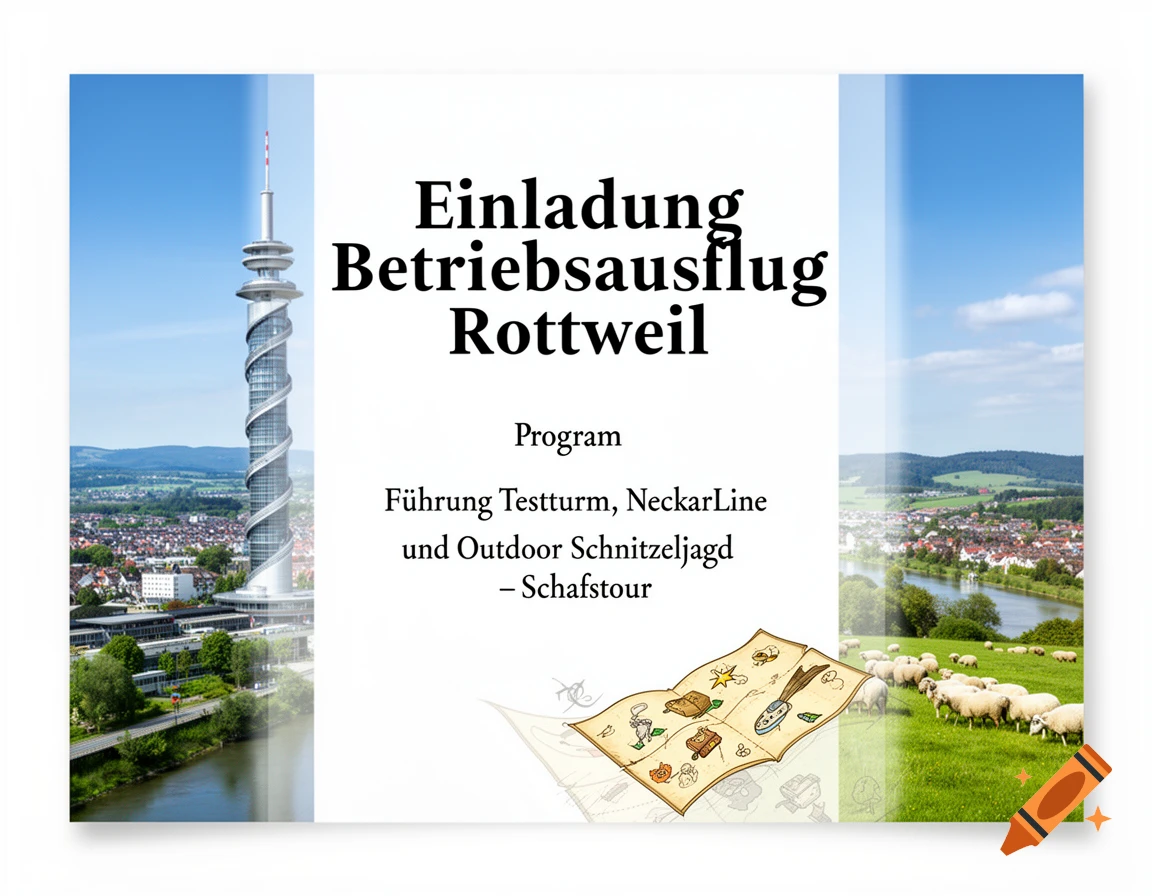 An invitation flyer for a corporate outing in Rottweil, showing the Testturm tower, a river, a town, and sheep on a grassy bank, with a small map illustration.