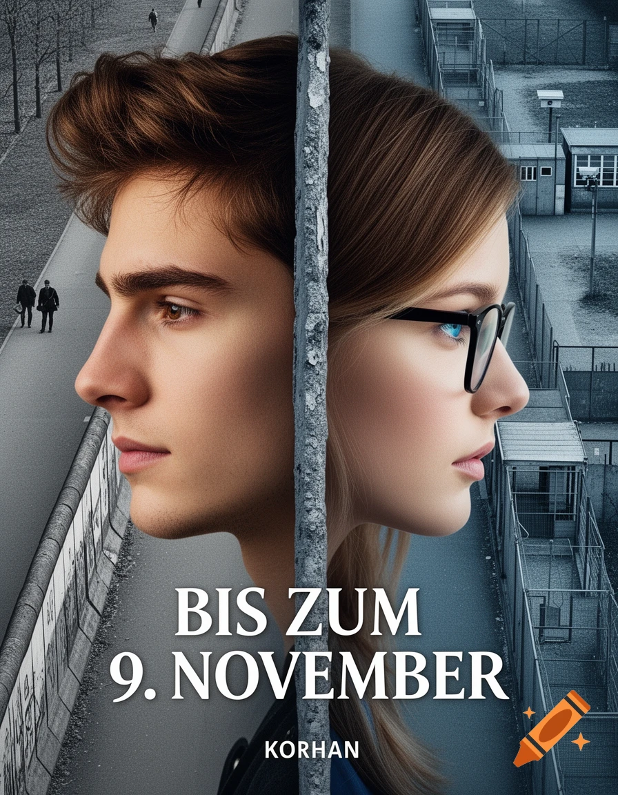 A split portrait of a man and a woman in profile, separated by the Berlin Wall, with the title 'BIS ZUM 9. NOVEMBER'.