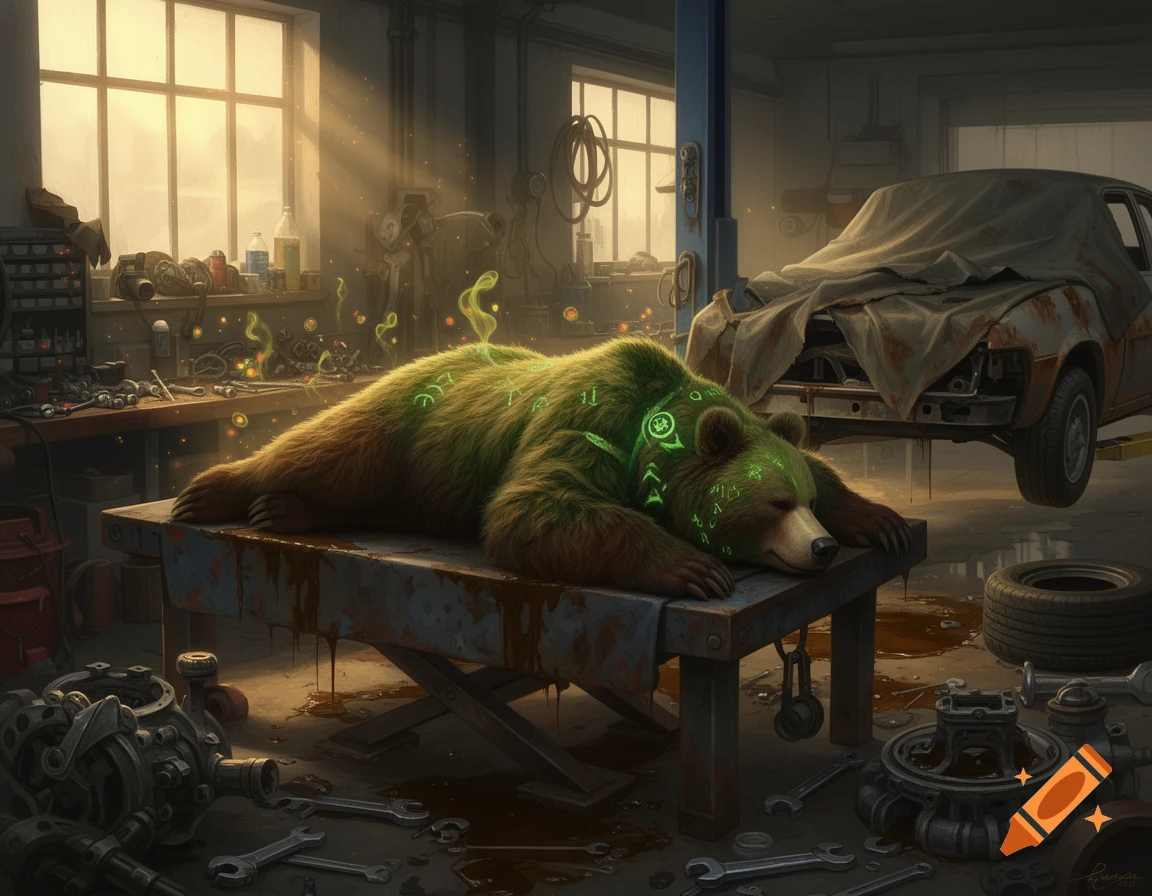 A large green bear with glowing runes naps on a workbench in a messy car mechanic's garage with an old car lifted in the background. Photorealistic style.