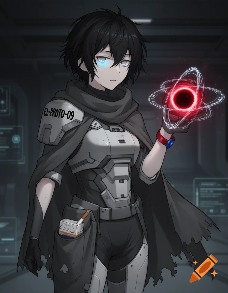 An anime girl with black hair and glowing blue eye holds a red singularity orb. She wears tactical armor and a dark cloak in a dim sci-fi facility.