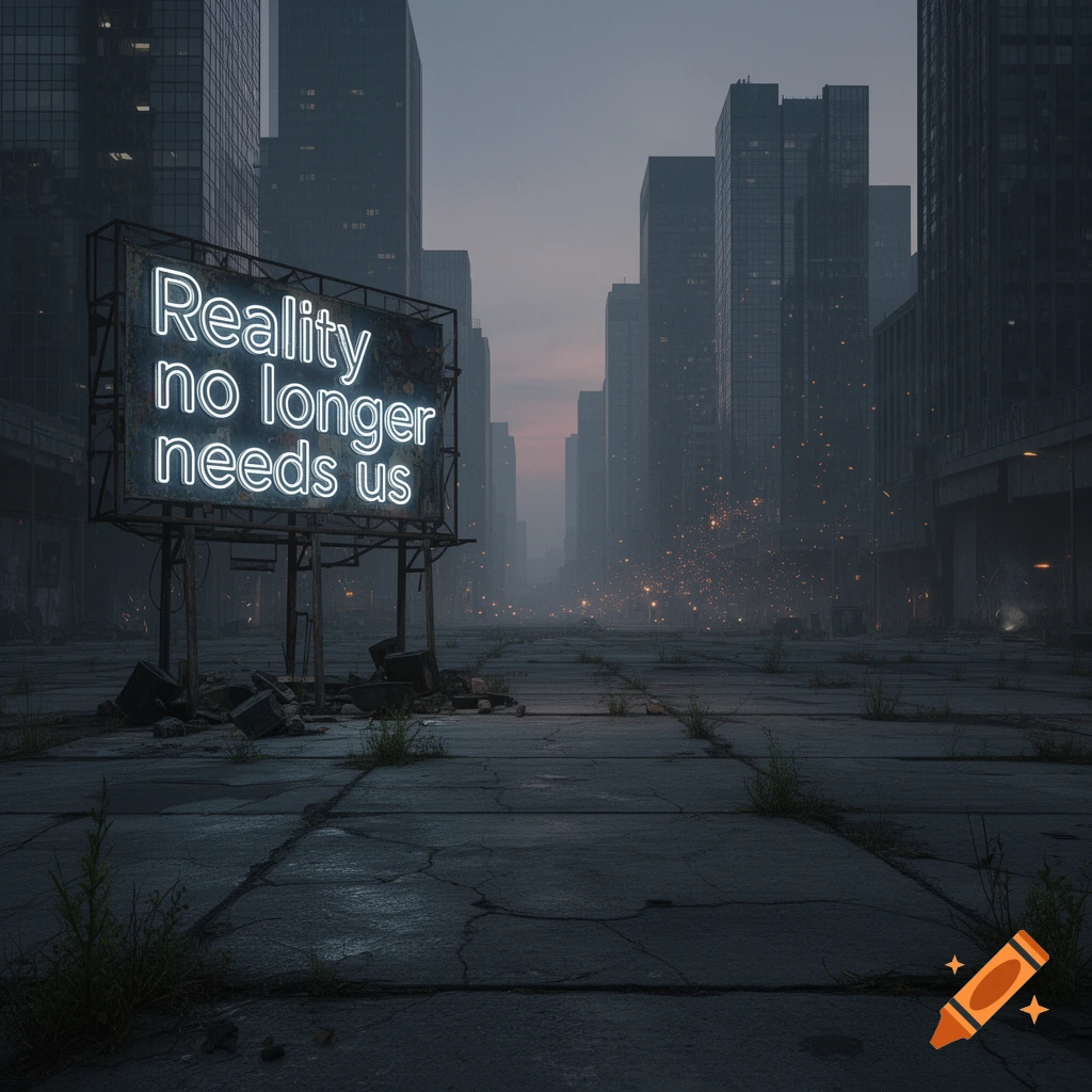 A dark, post-apocalyptic cityscape with tall buildings, a cracked road, and a glowing neon sign displaying "Reality no longer needs us."