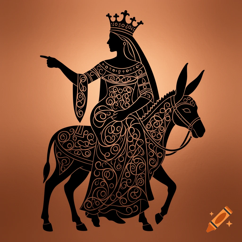 Black silhouette of a crowned queen on a patterned donkey, pointing forward, against a copper background in a stylized art style.