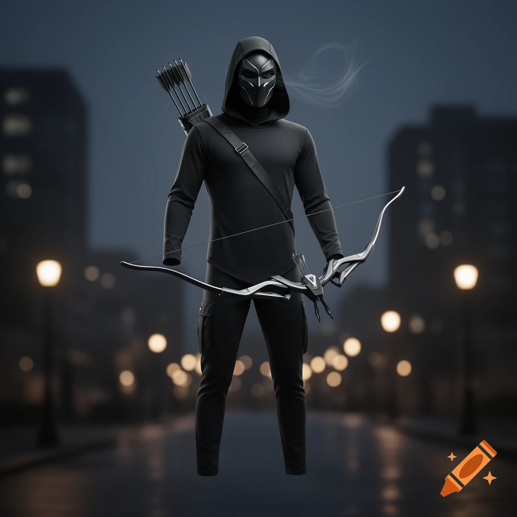 A masked archer in a black hooded suit holds a futuristic bow on a dark city street at night.