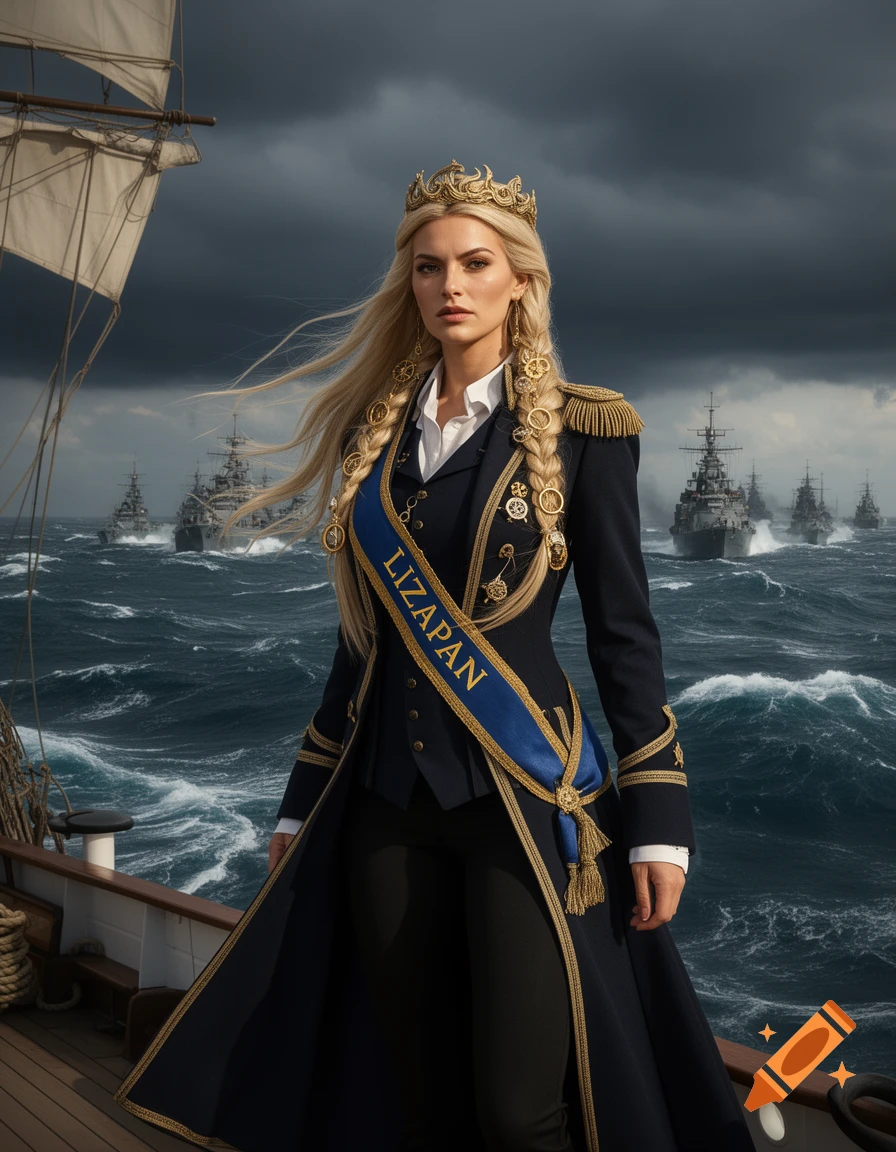 A blonde woman in a regal naval uniform and crown stands on a ship's deck with a fleet of warships on a stormy sea.