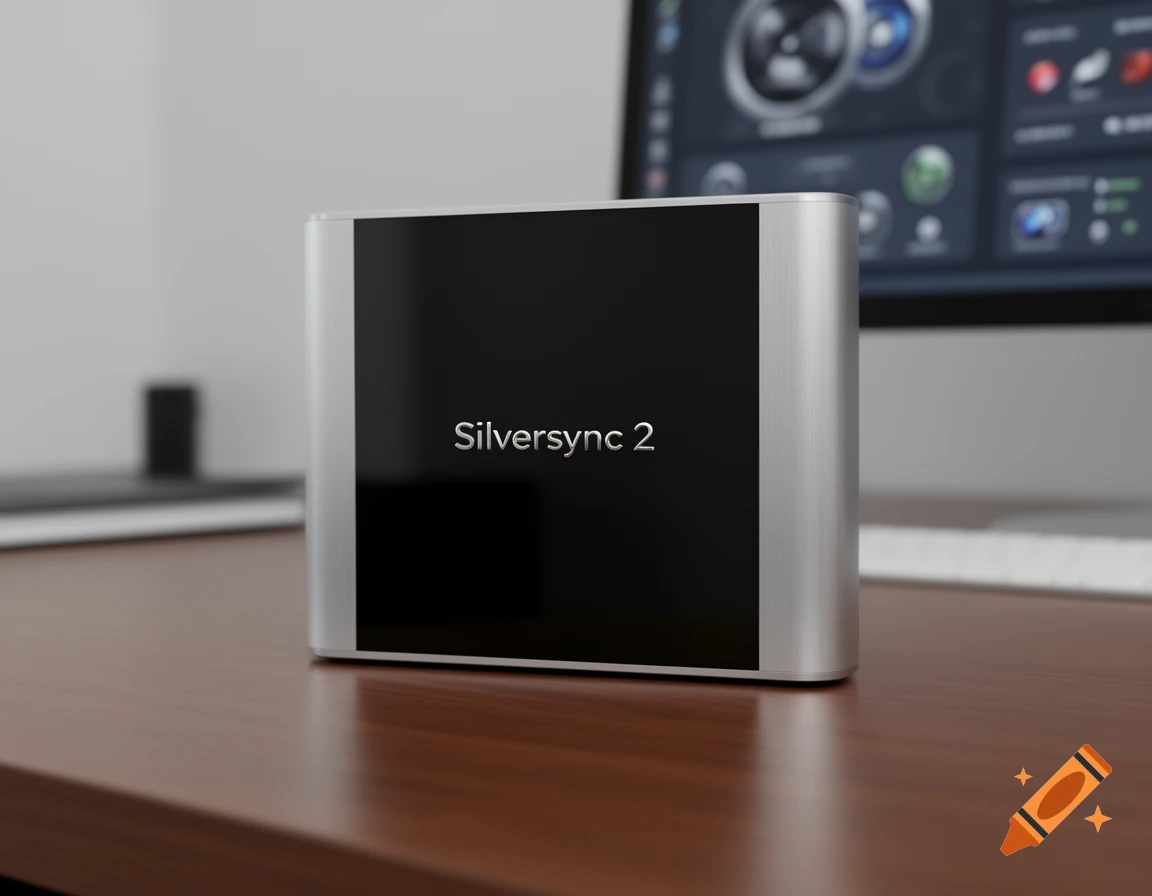 A silver and black electronic device with 'Silversync 2' on its screen, sitting on a wooden desk with a blurred computer in the background.