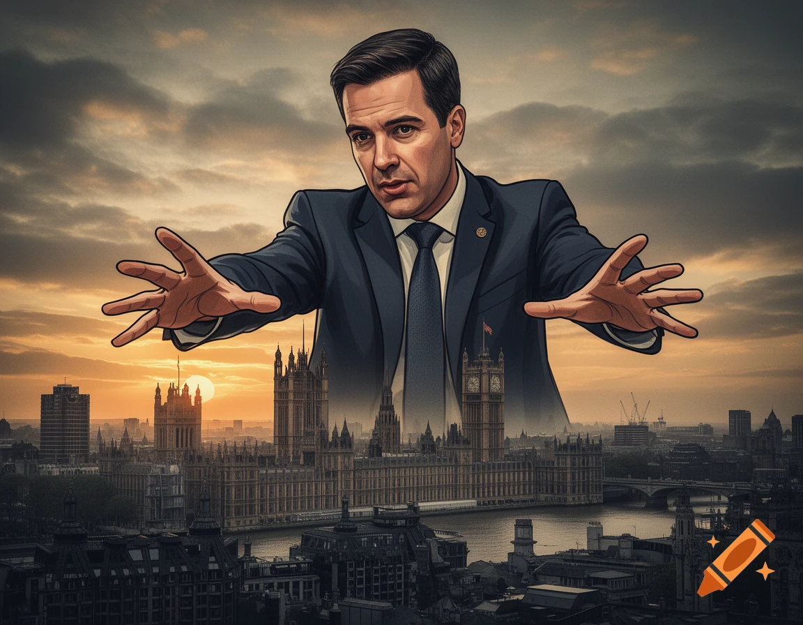 Cartoon of Andy Burnham reaching over the Houses of Parliament in London at sunset, stylized like a propaganda poster.