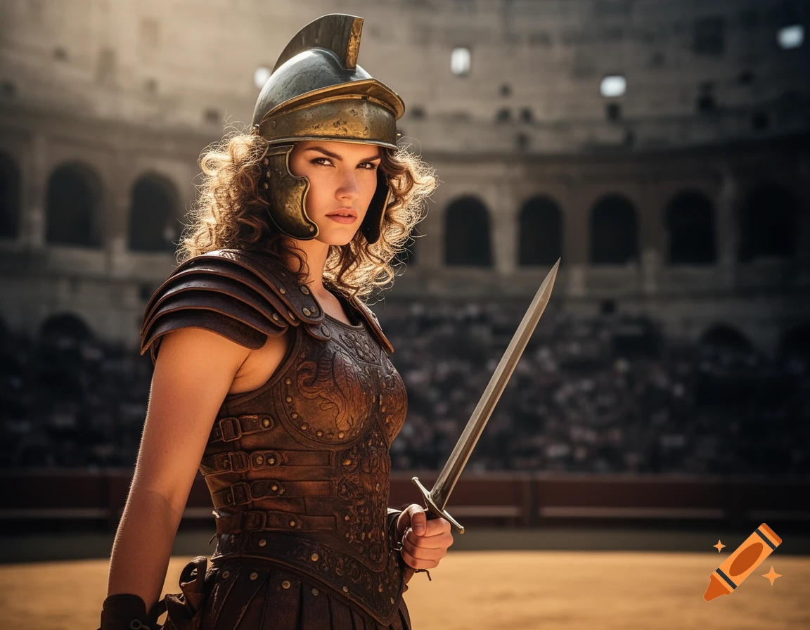 A fierce gladiatrix in ornate leather and metal armor holds a sword in a sunlit Roman coliseum. Photorealistic style.