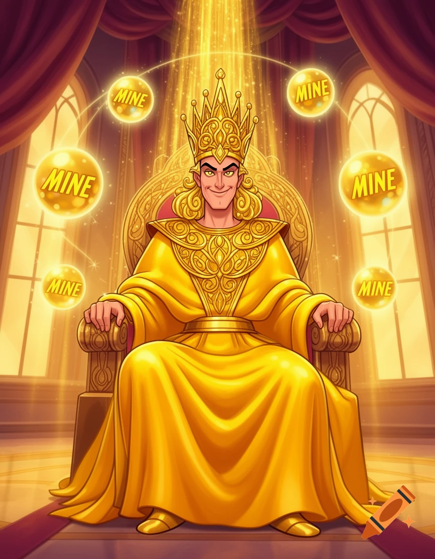 A cartoon golden king with a crown and robes sits on a throne, surrounded by glowing orbs marked "MINE" in a palace.