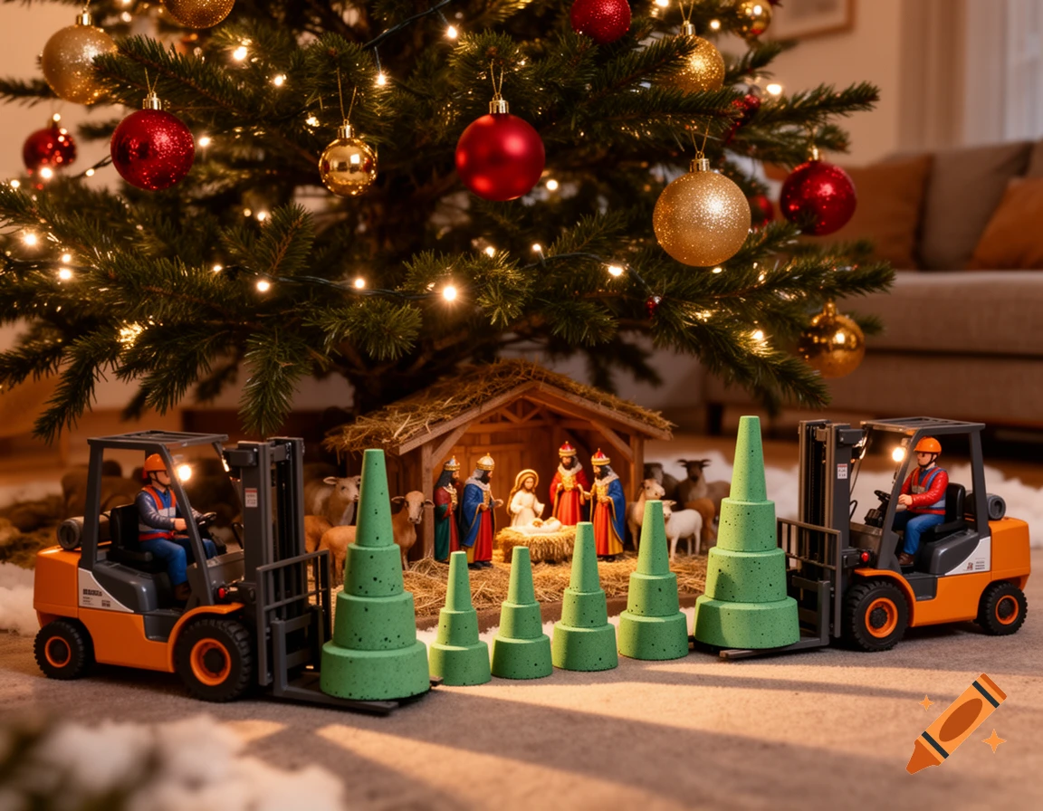 Two toy forklifts with green cone barriers in front of a nativity scene under a lit Christmas tree in a living room, photorealistic.
