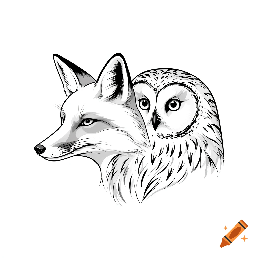 Minimalist black and white illustration of a fox's head merging with an owl's head, facing left.