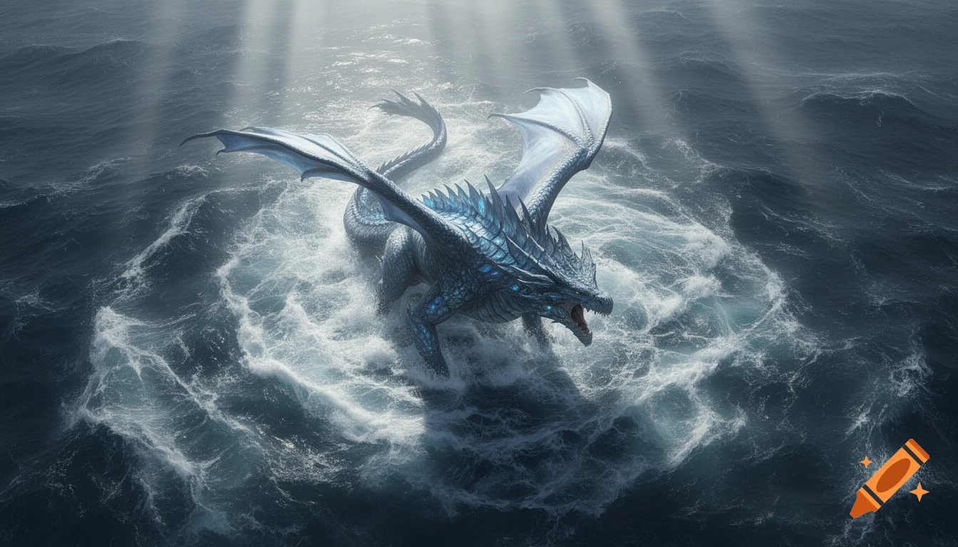 A majestic blue-grey abyssal dragon emerges from turbulent ocean waters, illuminated by sunbeams from above.