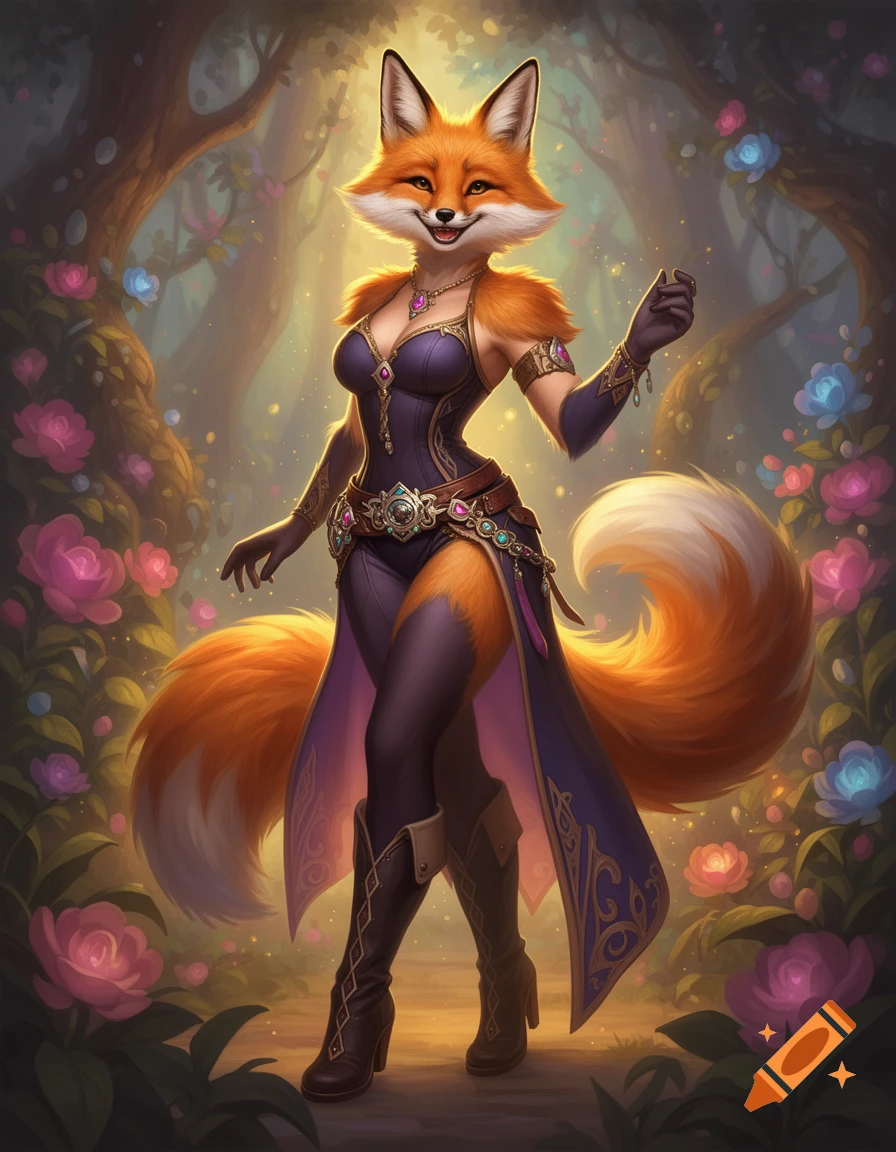 A smiling anthropomorphic fox in an elegant fantasy outfit and boots, standing in a magical forest of glowing flowers, digital painting.