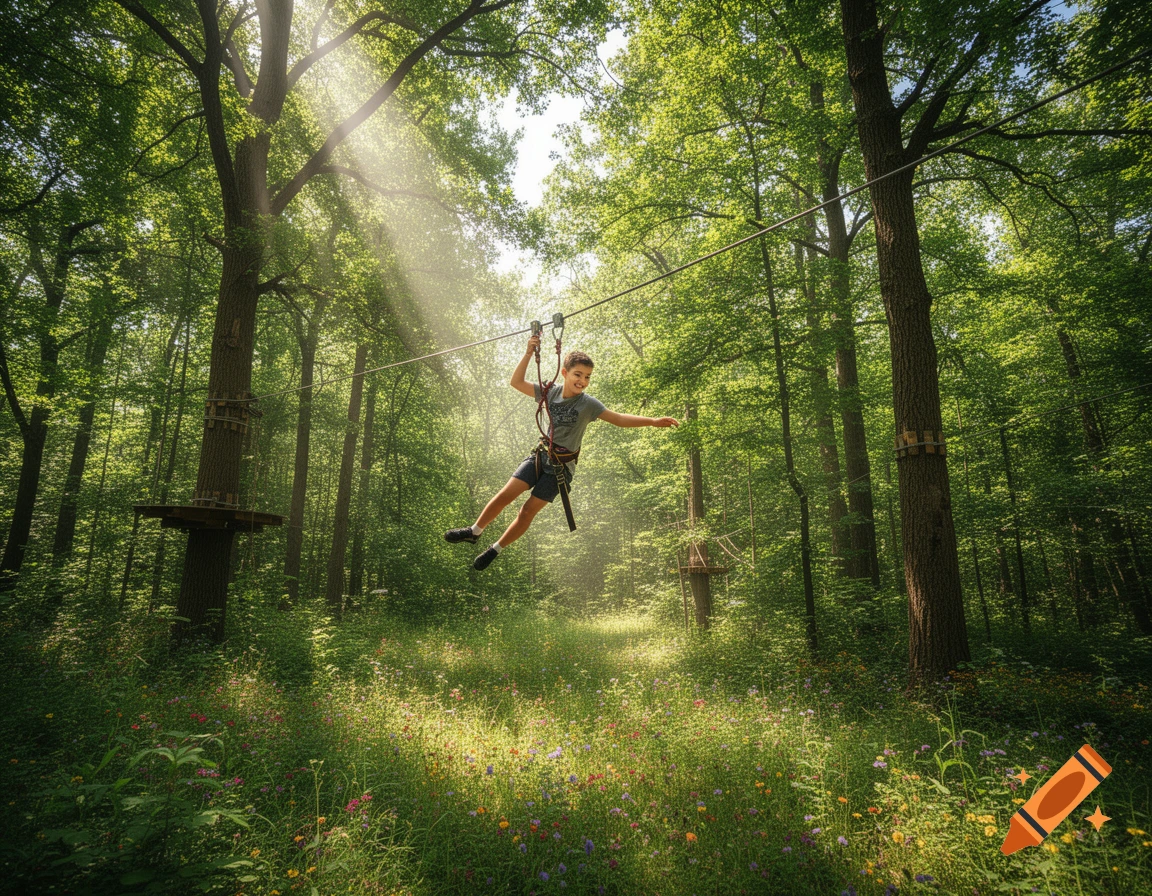 A boy smiles while zip-lining through a lush green forest on a sunny day, with rays of light filtering through the trees.