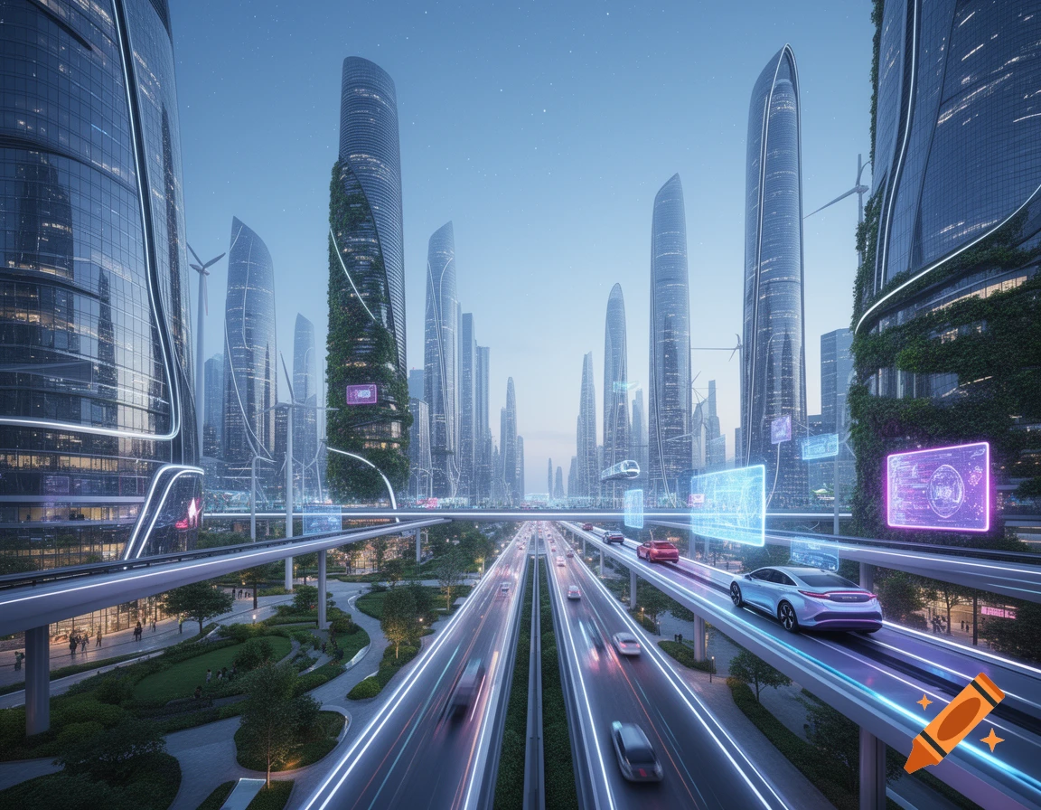 A futuristic city with towering skyscrapers, elevated highways with glowing light trails, and lush green spaces.