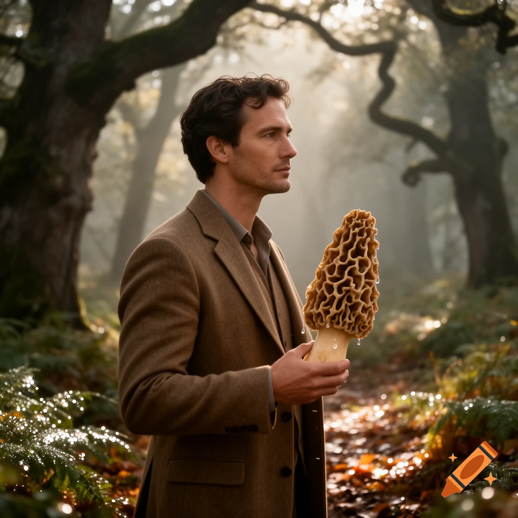A man in a brown jacket holds a giant morel mushroom in a misty, sunlit forest.