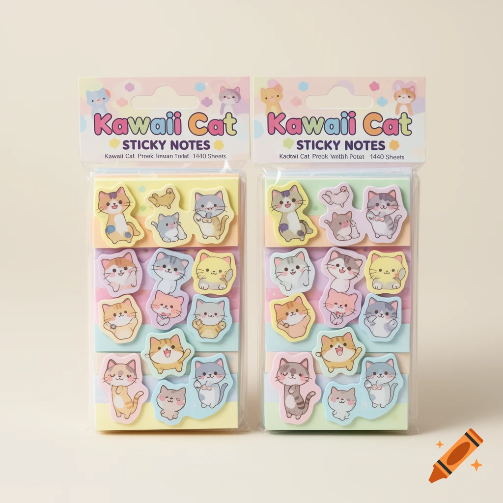 Two packs of pastel Kawaii Cat sticky notes featuring multiple cute cartoon cat designs on colorful paper pads.