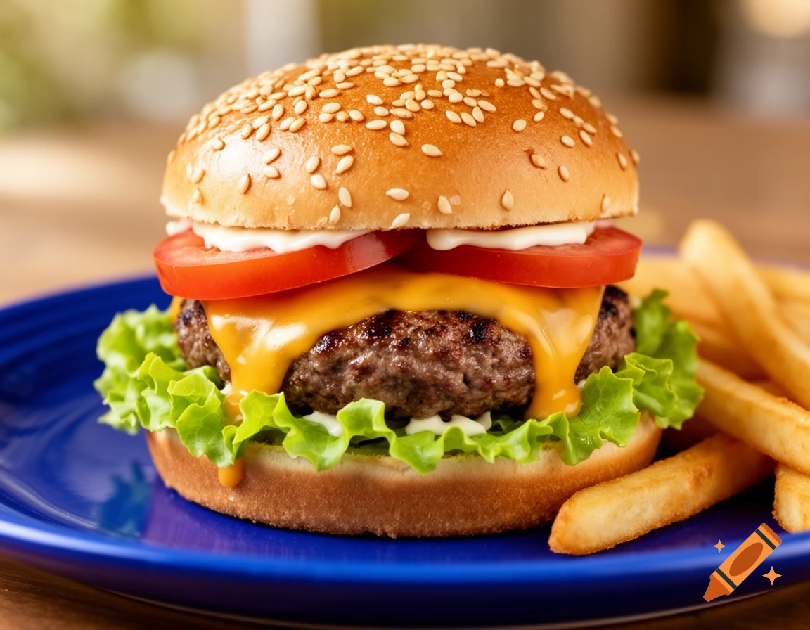 A photorealistic classic cheeseburger with melted cheese, lettuce, tomatoes, and mayonnaise on a sesame seed bun, served on a blue plate with french fries.