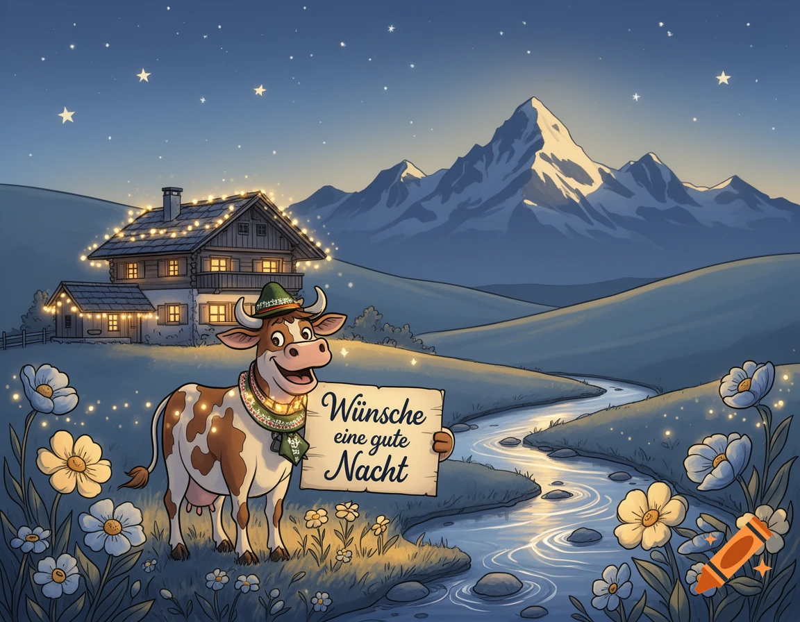 A whimsical illustration of a cartoon cow in a hat holding a sign that says 'Wünsche eine gute Nacht' in a starry night alpine landscape.