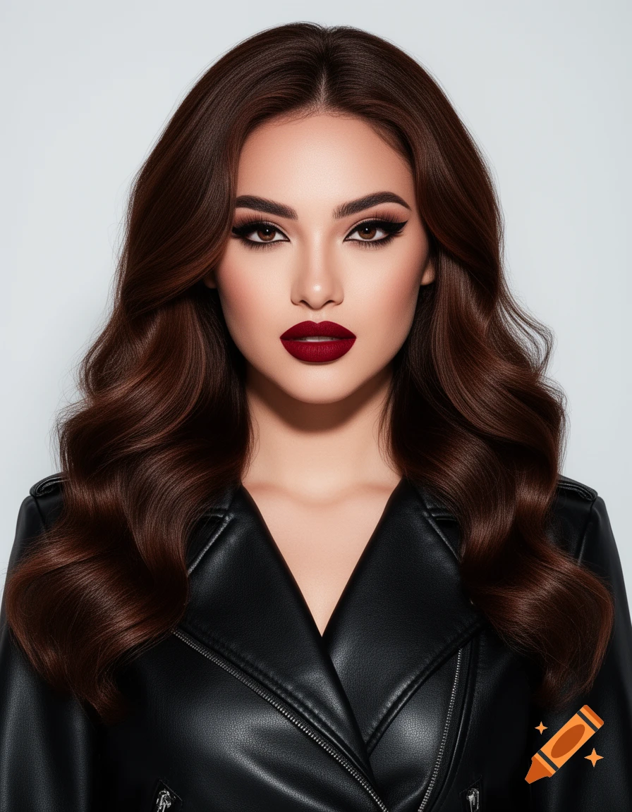 Close-up portrait of a woman with dark wavy hair, bold red lipstick, and dramatic eye makeup, wearing a black leather jacket.