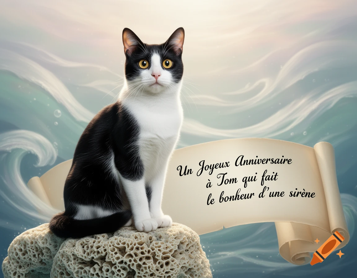 A black and white cat sits on a coral reef with a scroll featuring the French text "Un Joyeux Anniversaire à Tom qui fait le bonheur d'une sirène" against a wavy blue and white background.