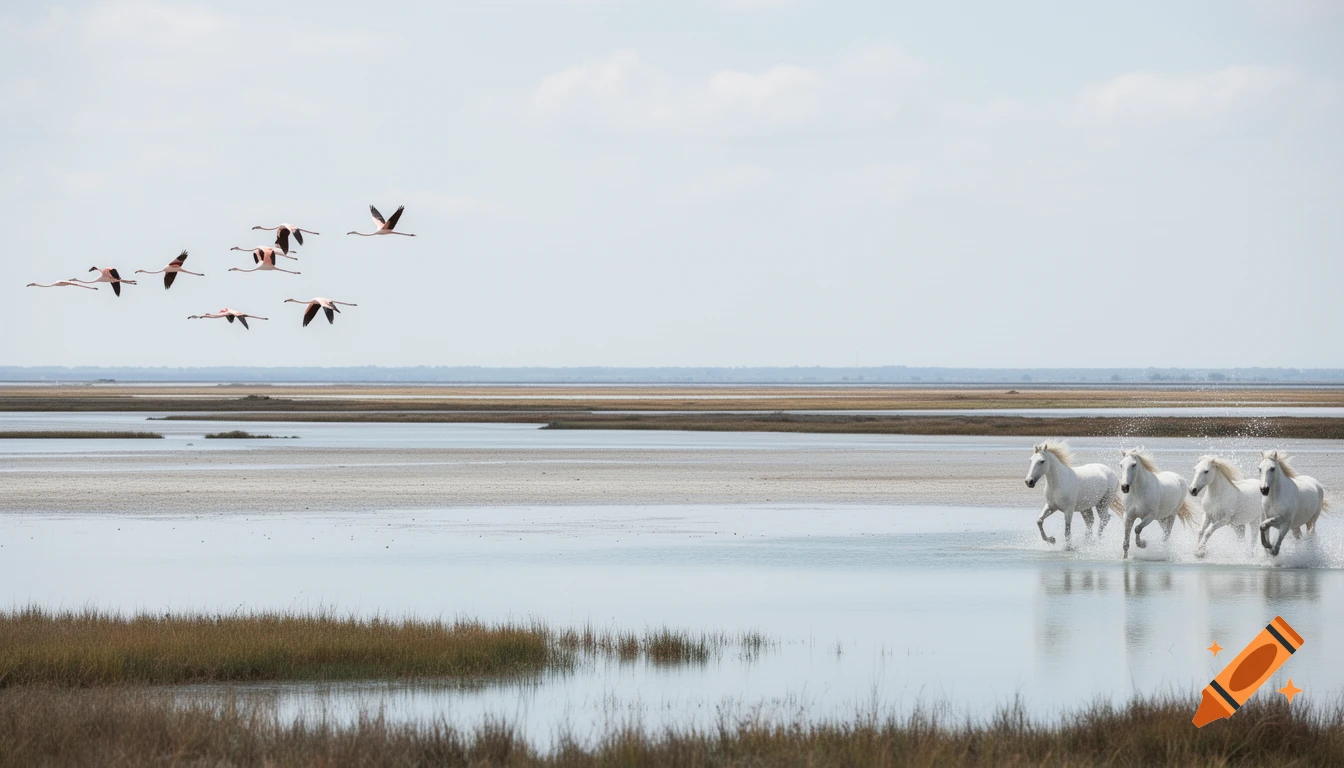 White horses gallop through shallow water as flamingos fly overhead in a vast, sunny marshy landscape.
