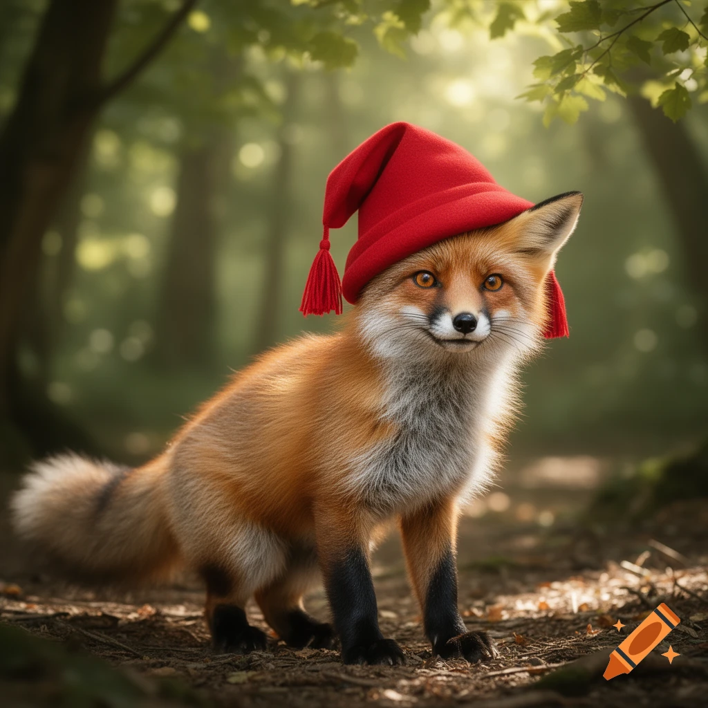 A cute, photorealistic fox wearing a red pointed hat stands in a sun-dappled forest.