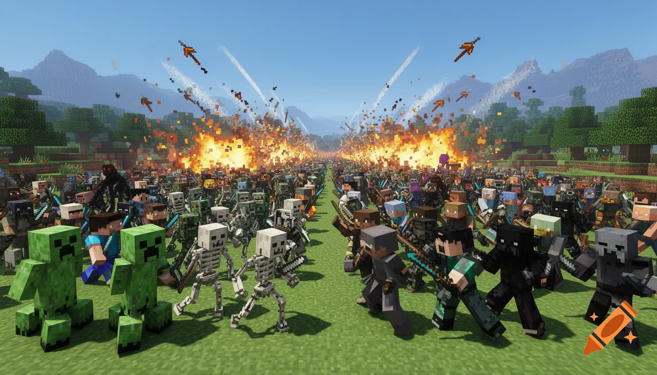 Epic Minecraft battle with players and monsters, including Creepers and skeletons, charging on a grassy field with explosions and arrows flying.