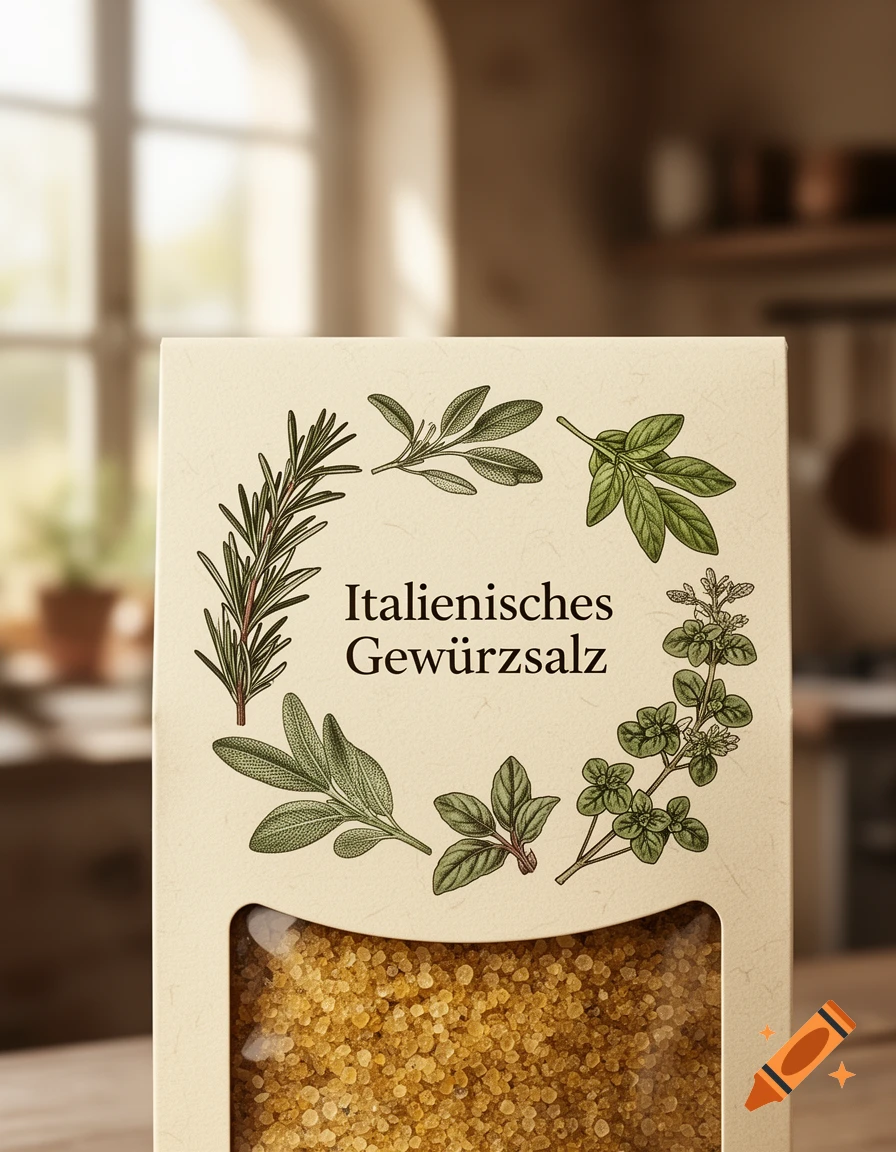 A package of Italian spice salt labeled "Italienisches Gewürzsalz," adorned with botanical herb illustrations and a clear window showing golden granular salt, set against a blurry kitchen background.