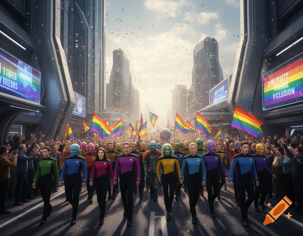 A futuristic Starfleet LGBT pride parade with diverse aliens and humans marching down a city street, rainbow flags, and falling confetti.