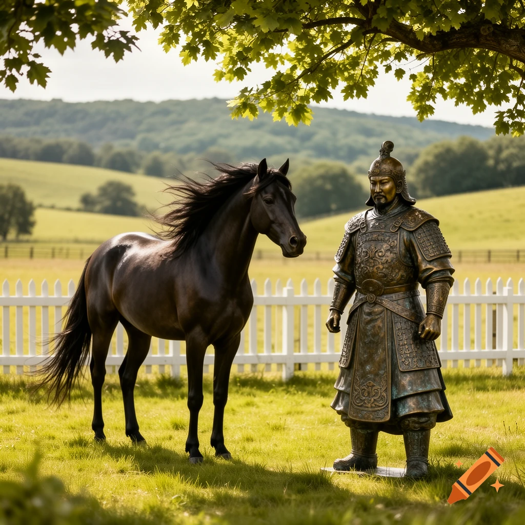 A black horse stands next to a bronze statue of a Chinese general in a green field with a white fence, under a tree.